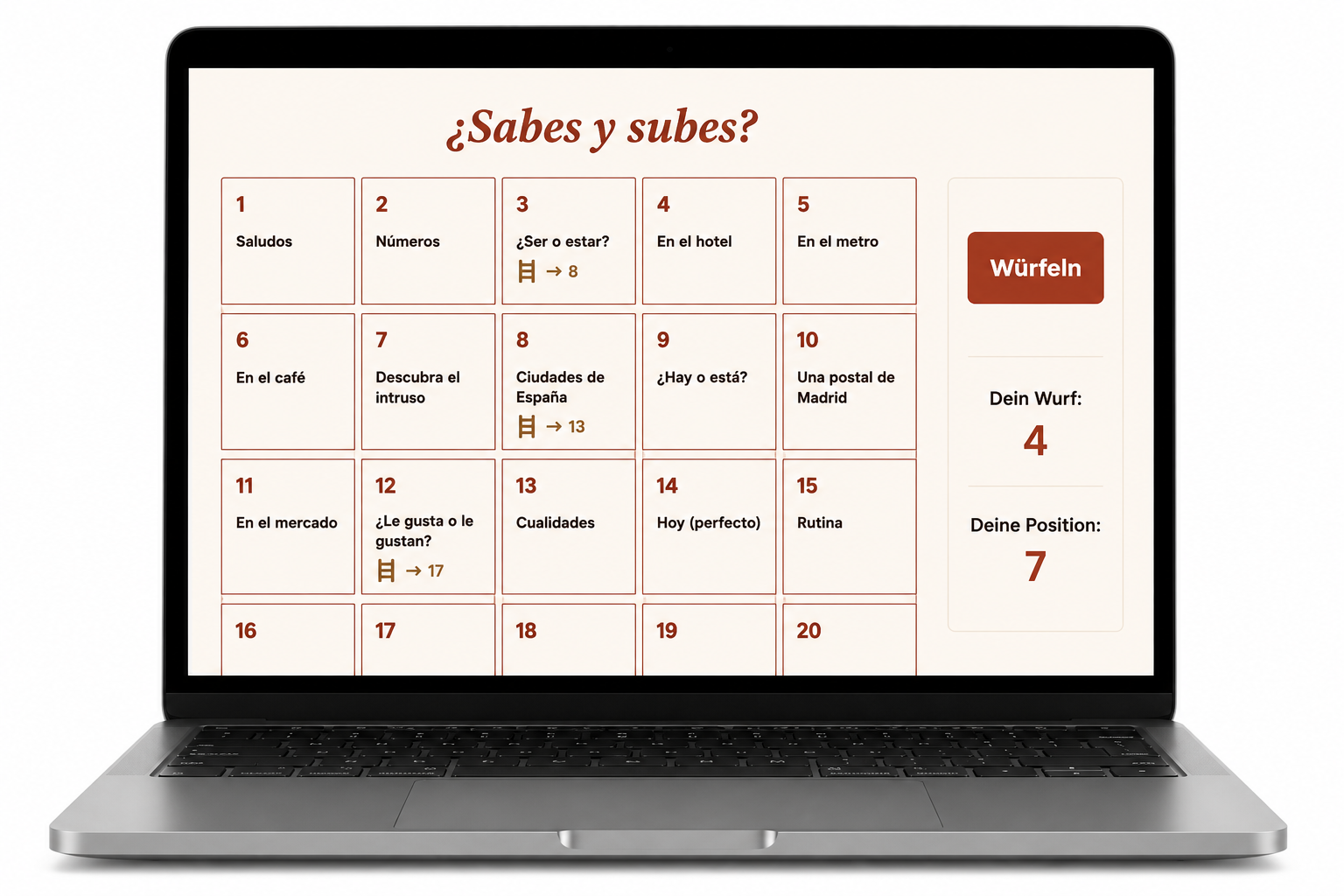 Das Lernspiel ¿Sabes y subes? auf einem Laptop